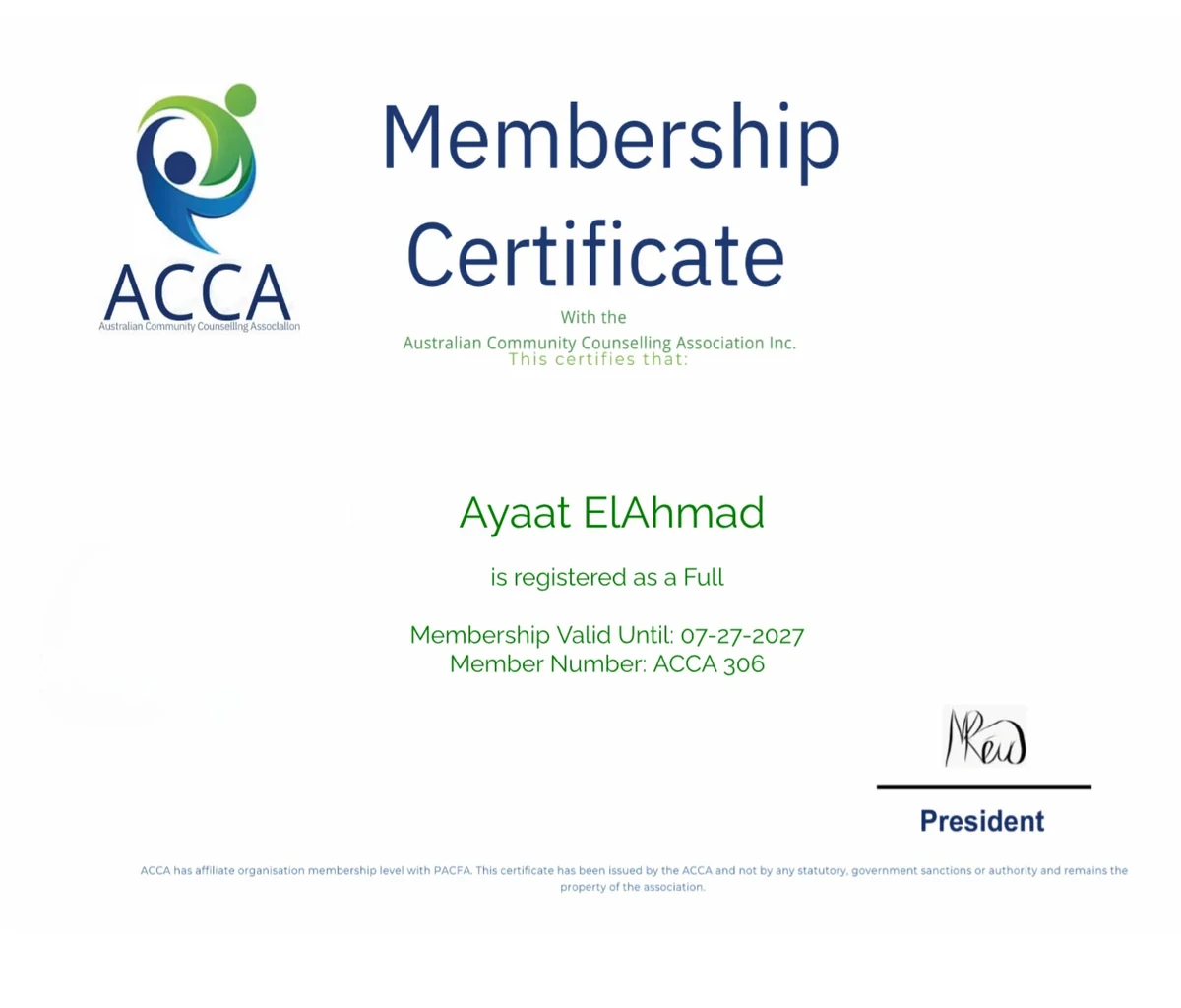 ACCA membership certificate confirming full membership, valid until 27 July 2027